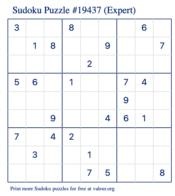 Free Printable Expert Sudoku Puzzle number 19437