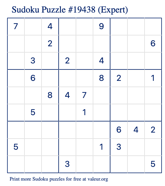 Free Printable Expert Sudoku Puzzle number 19438