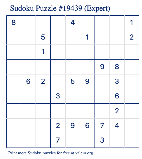 Free Printable Expert Sudoku Puzzle number 19439