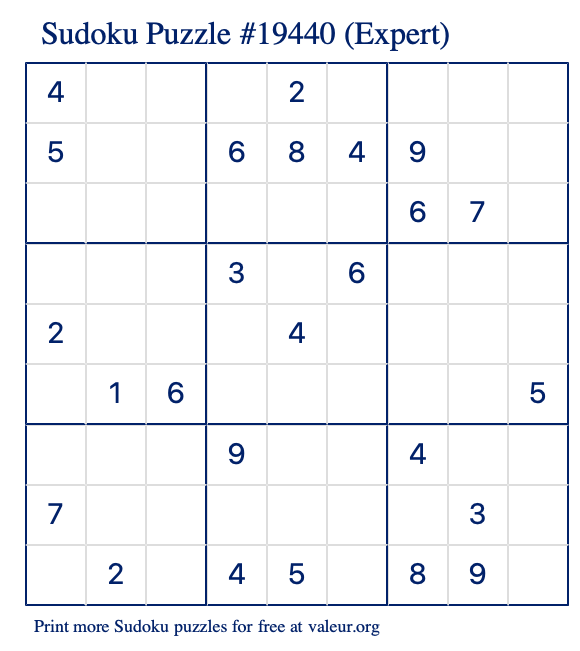 Free Printable Expert Sudoku Puzzle number 19440