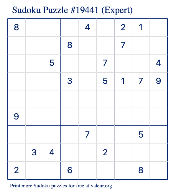 Free Printable Expert Sudoku Puzzle number 19441