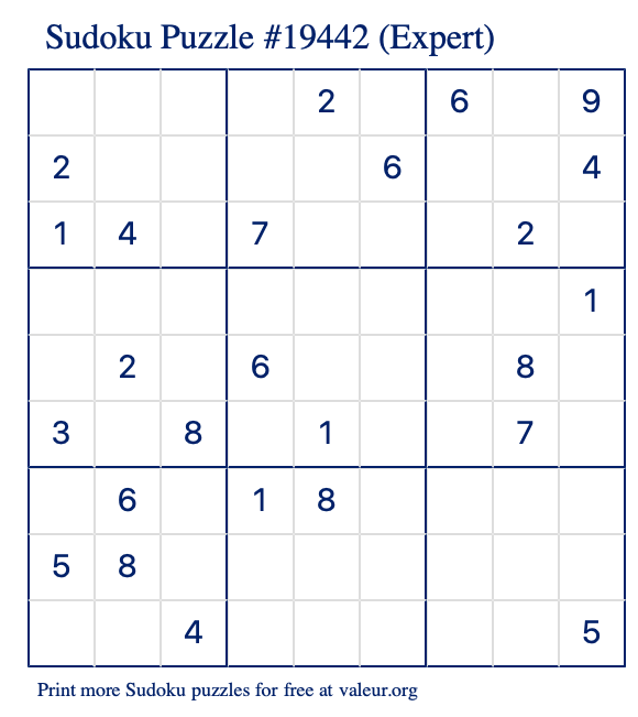 Free Printable Expert Sudoku Puzzle number 19442