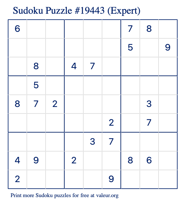 Free Printable Expert Sudoku Puzzle number 19443