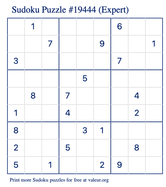 Free Printable Expert Sudoku Puzzle number 19444