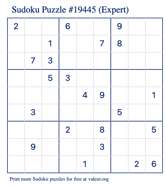 Free Printable Expert Sudoku Puzzle number 19445