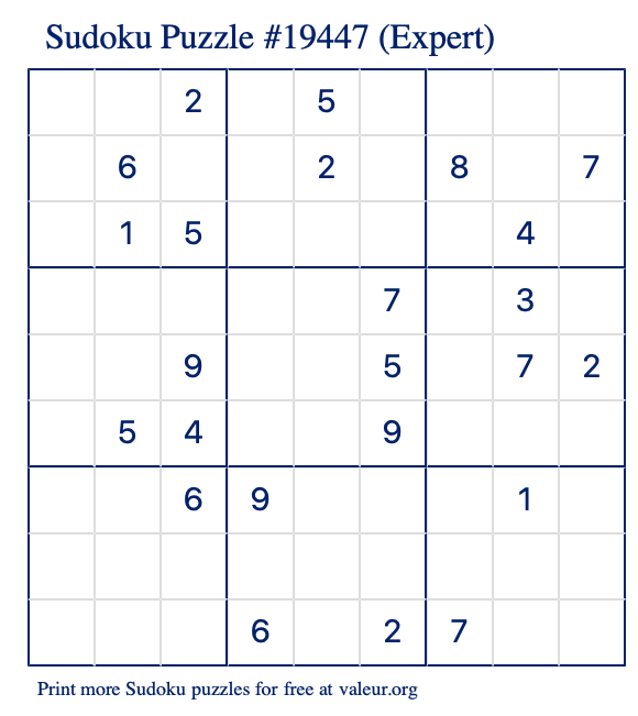 Free Printable Expert Sudoku Puzzle number 19447