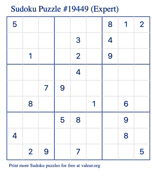 Free Printable Expert Sudoku Puzzle number 19449