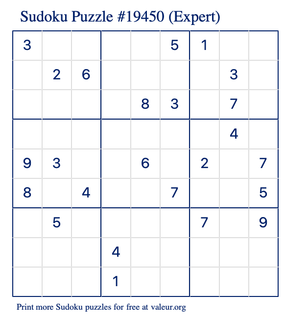 Free Printable Expert Sudoku Puzzle number 19450