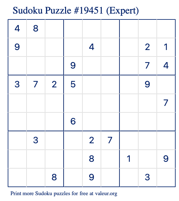 Free Printable Expert Sudoku Puzzle number 19451