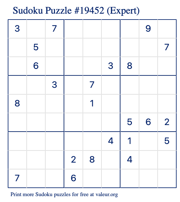 Free Printable Expert Sudoku Puzzle number 19452