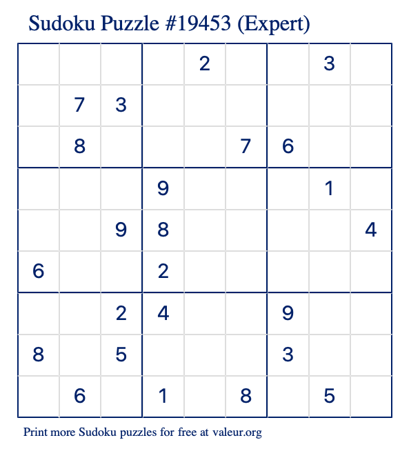 Free Printable Expert Sudoku Puzzle number 19453