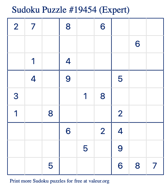 Free Printable Expert Sudoku Puzzle number 19454