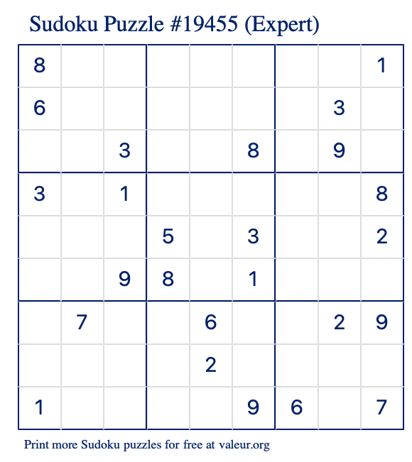 Free Printable Expert Sudoku Puzzle number 19455