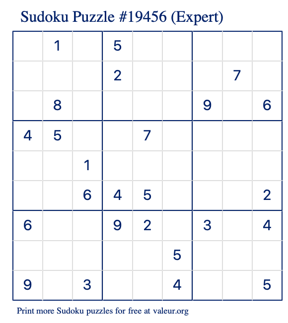 Free Printable Expert Sudoku Puzzle number 19456