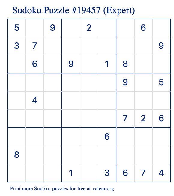 Free Printable Expert Sudoku Puzzle number 19457