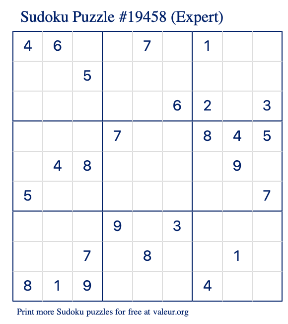 Free Printable Expert Sudoku Puzzle number 19458