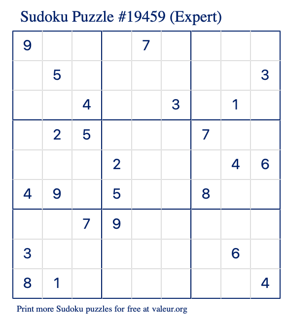 Free Printable Expert Sudoku Puzzle number 19459