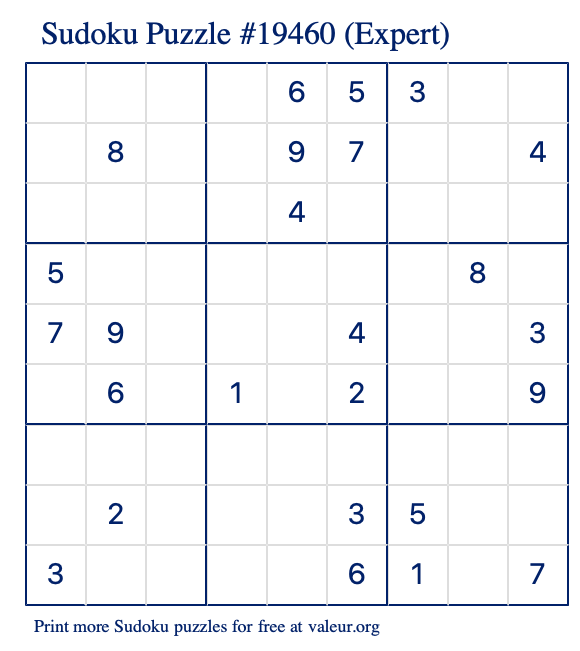 Free Printable Expert Sudoku Puzzle number 19460