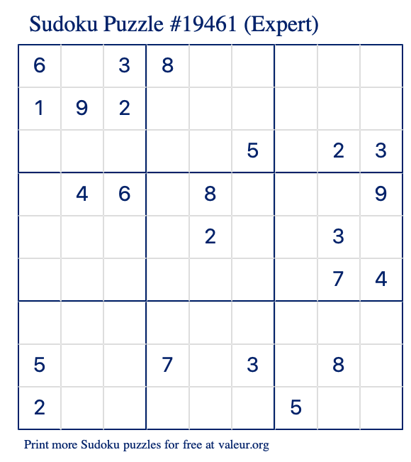 Free Printable Expert Sudoku Puzzle number 19461