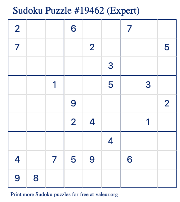 Free Printable Expert Sudoku Puzzle number 19462