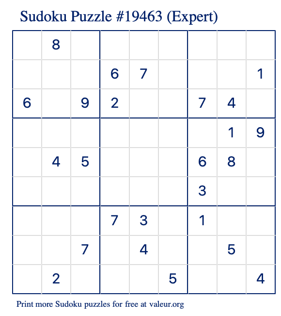 Free Printable Expert Sudoku Puzzle number 19463