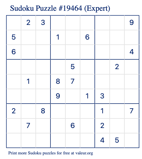 Free Printable Expert Sudoku Puzzle number 19464