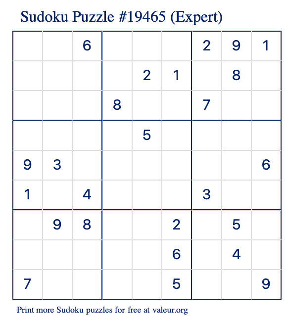 Free Printable Expert Sudoku Puzzle number 19465