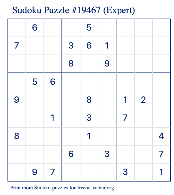 Free Printable Expert Sudoku Puzzle number 19467