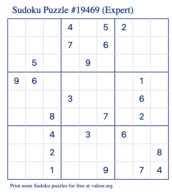 Free Printable Expert Sudoku Puzzle number 19469