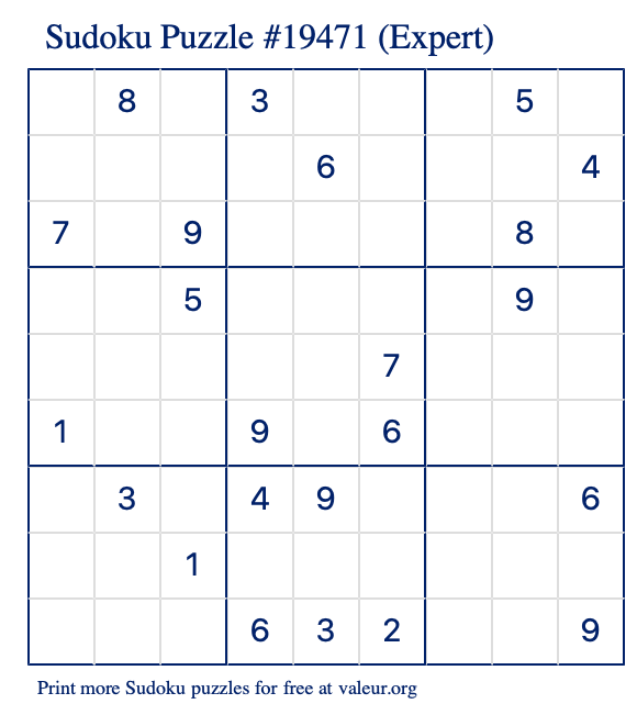 Free Printable Expert Sudoku Puzzle number 19471