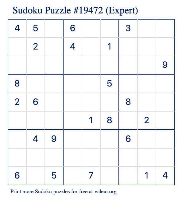 Free Printable Expert Sudoku Puzzle number 19472