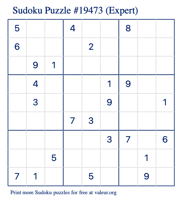 Free Printable Expert Sudoku Puzzle number 19473