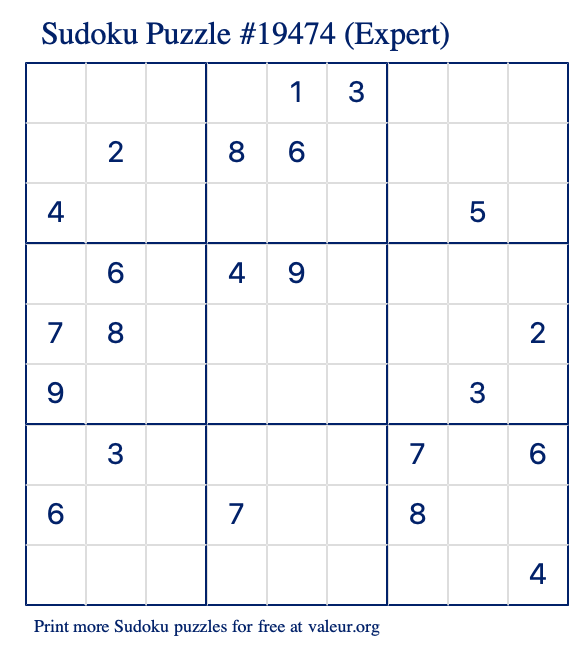 Free Printable Expert Sudoku Puzzle number 19474