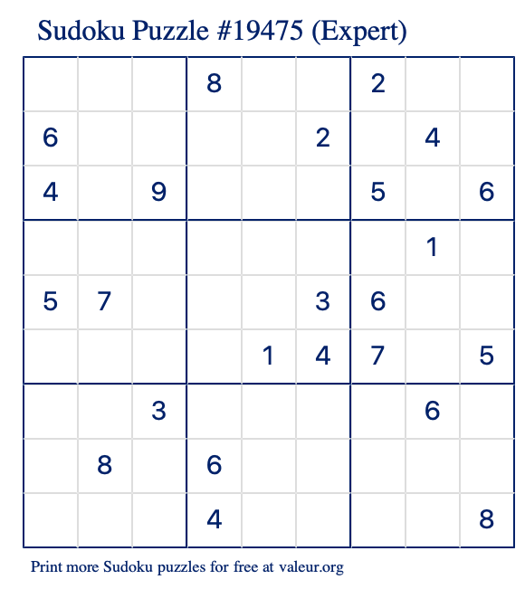 Free Printable Expert Sudoku Puzzle number 19475