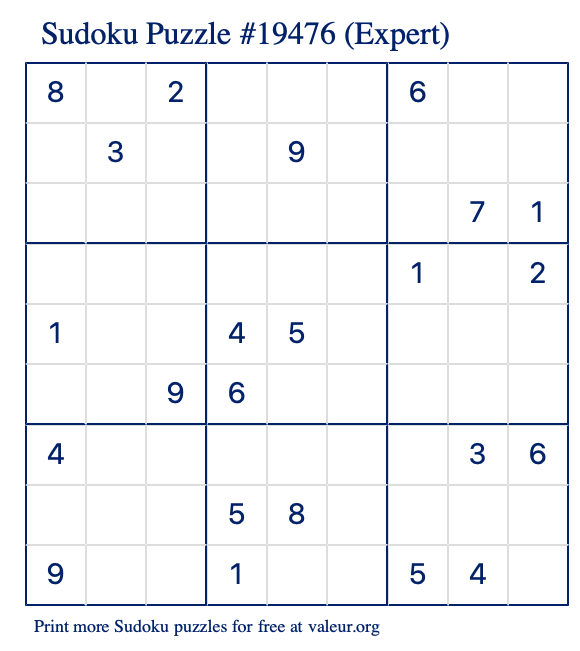 Free Printable Expert Sudoku Puzzle number 19476