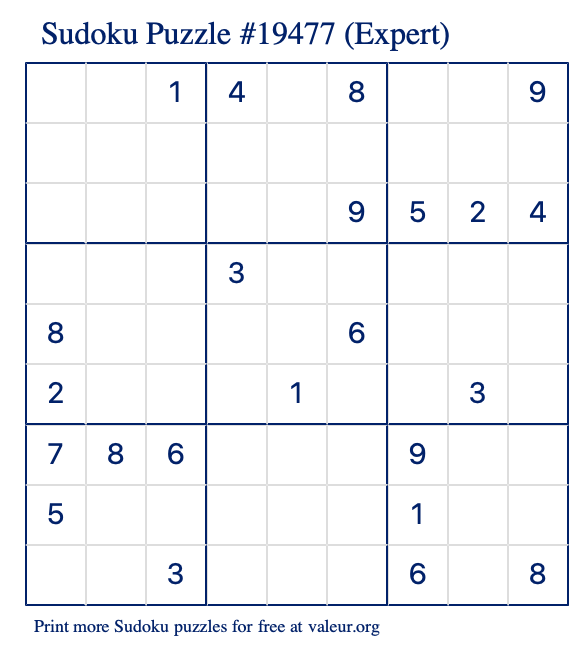 Free Printable Expert Sudoku Puzzle number 19477
