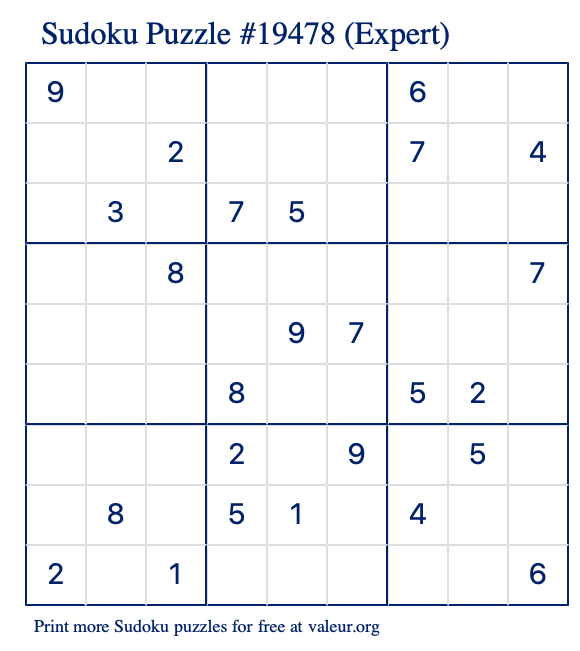 Free Printable Expert Sudoku Puzzle number 19478