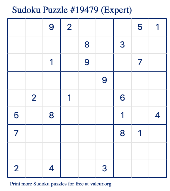 Free Printable Expert Sudoku Puzzle number 19479