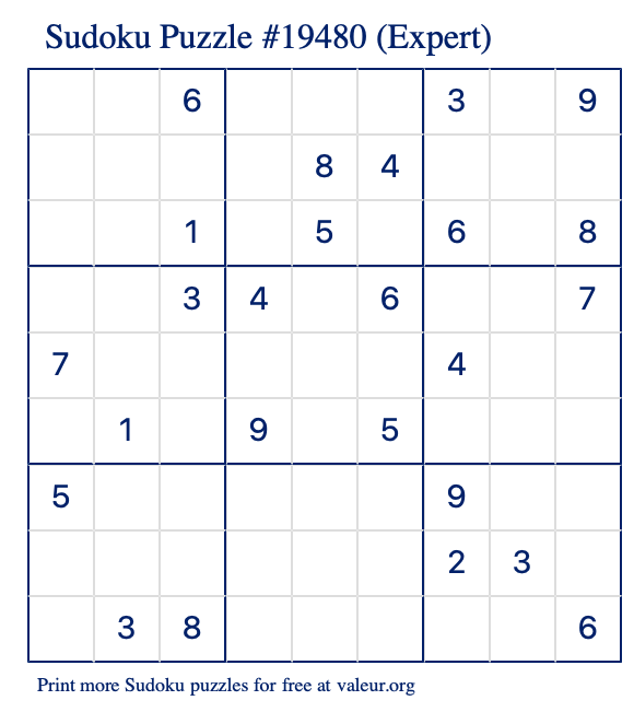 Free Printable Expert Sudoku Puzzle number 19480