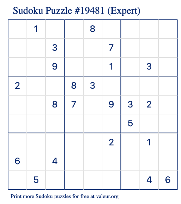 Free Printable Expert Sudoku Puzzle number 19481