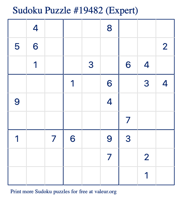 Free Printable Expert Sudoku Puzzle number 19482