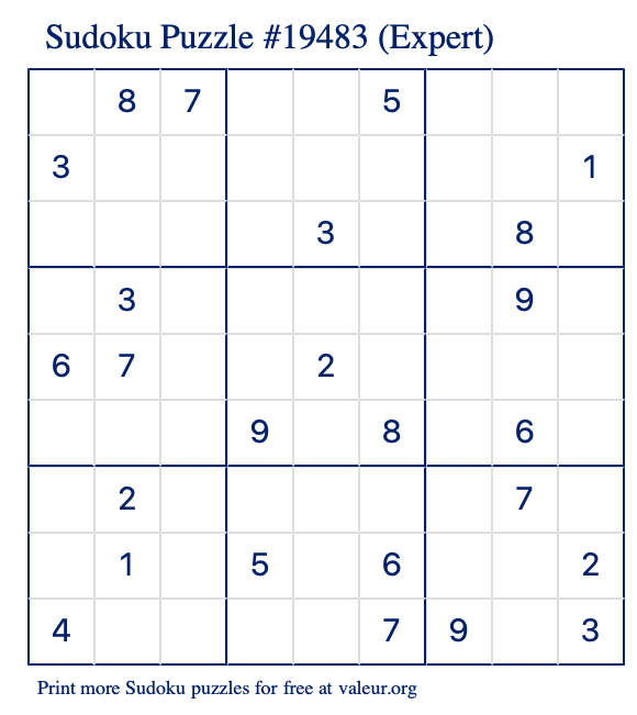 Free Printable Expert Sudoku Puzzle number 19483