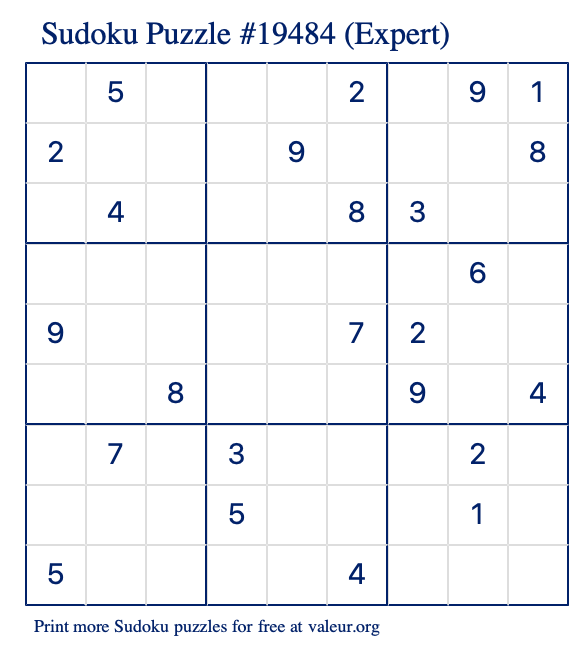 Free Printable Expert Sudoku Puzzle number 19484