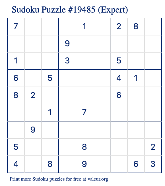 Free Printable Expert Sudoku Puzzle number 19485