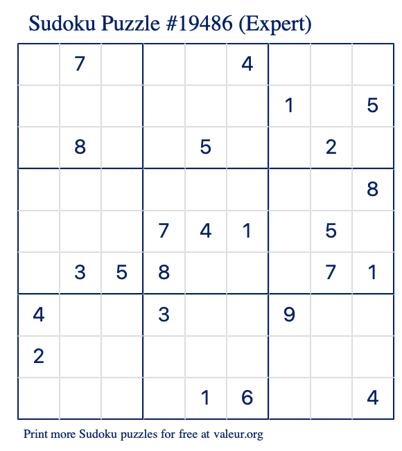 Free Printable Expert Sudoku Puzzle number 19486