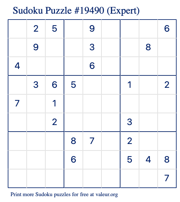 Free Printable Expert Sudoku Puzzle number 19490