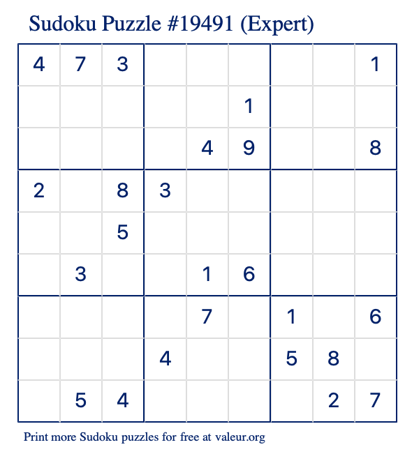 Free Printable Expert Sudoku Puzzle number 19491