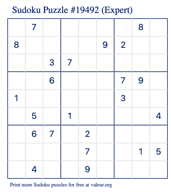 Free Printable Expert Sudoku Puzzle number 19492