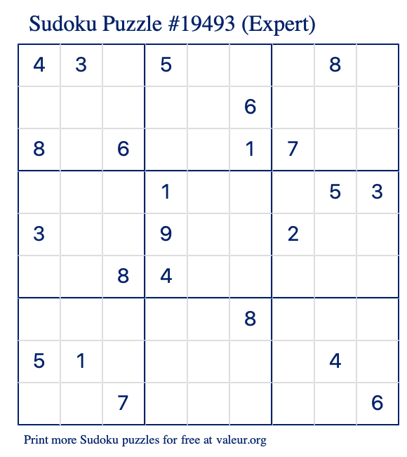 Free Printable Expert Sudoku Puzzle number 19493