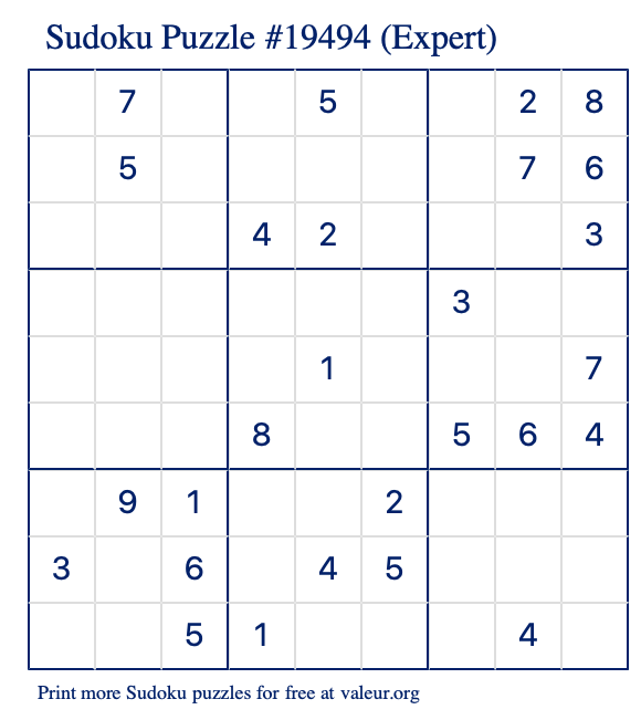 Free Printable Expert Sudoku Puzzle number 19494
